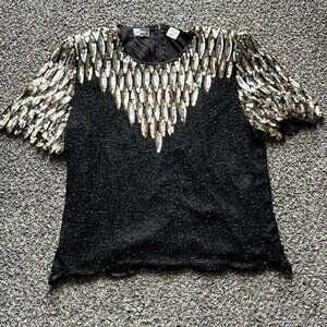 Vintage 80s Carina 100% Silk Top Womens 2X Gold Sequins Whimsigoth Shabby Chic